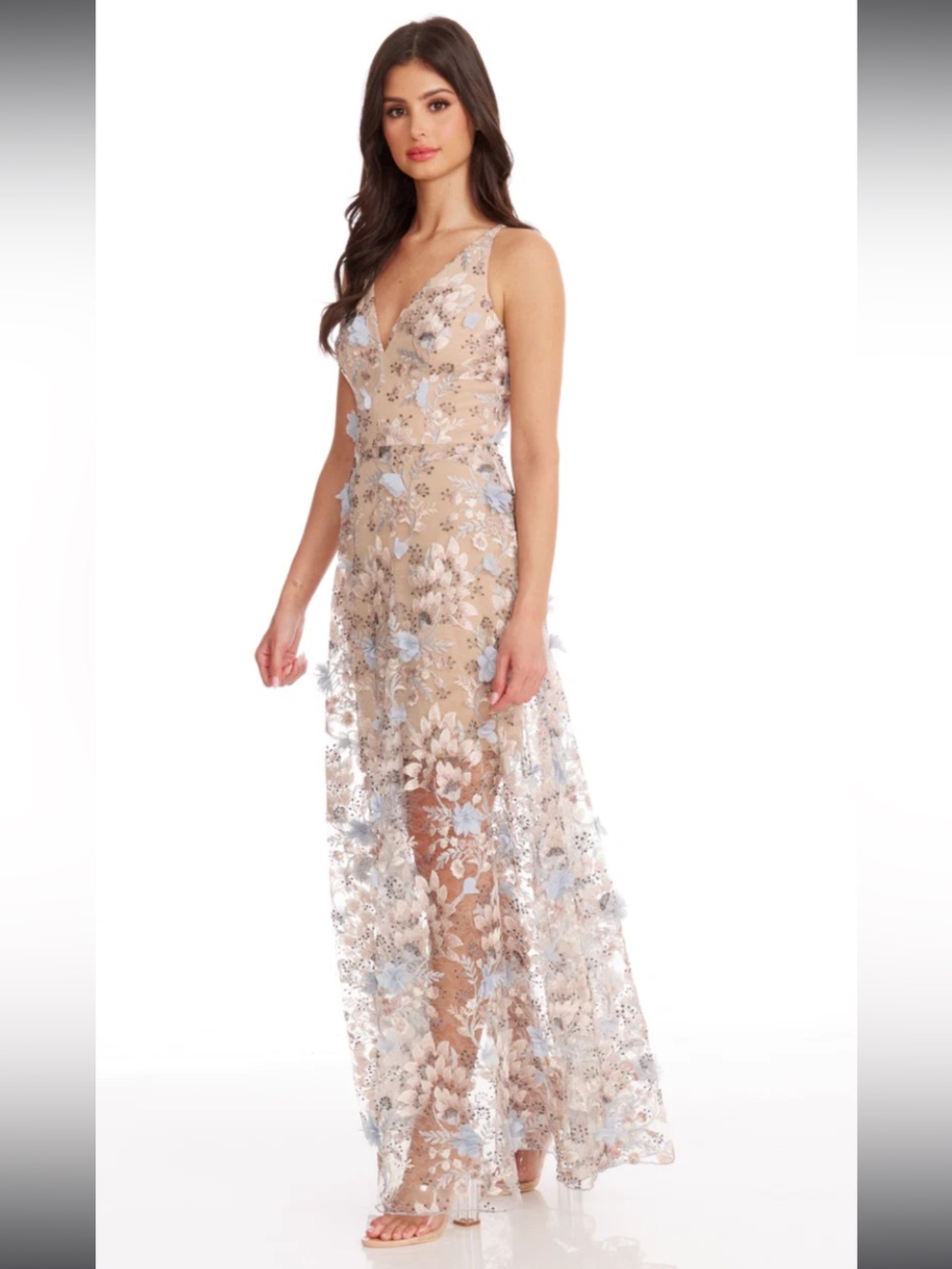 Dress the Population Beige Floral Lace Maxi Dress with Light Blue Accents
